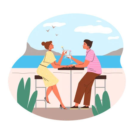 Romantic enamoured couple at restaurant table drink cocktail  Illustration