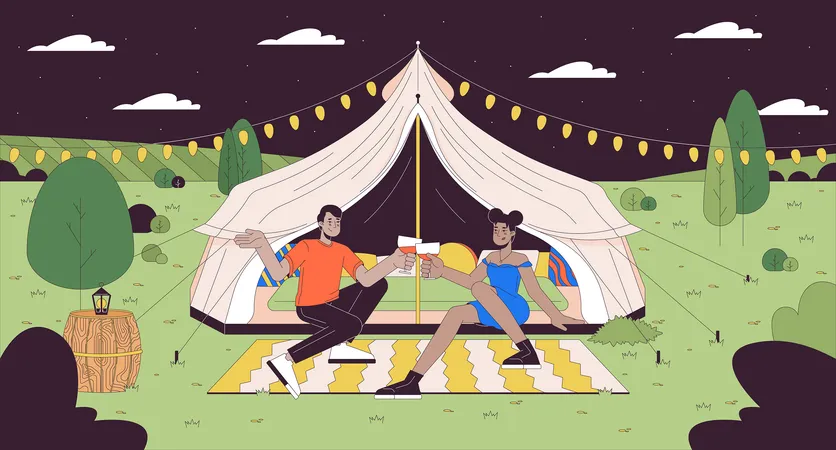 Romantic Glamping People Cartoon Flat Illustration Luxury Tent Couple Glasses Clinking 2 D Line Characters Colorful Background Date Night Outdoors Cheers Wineglasses Scene Vector Storytelling Image Illustration