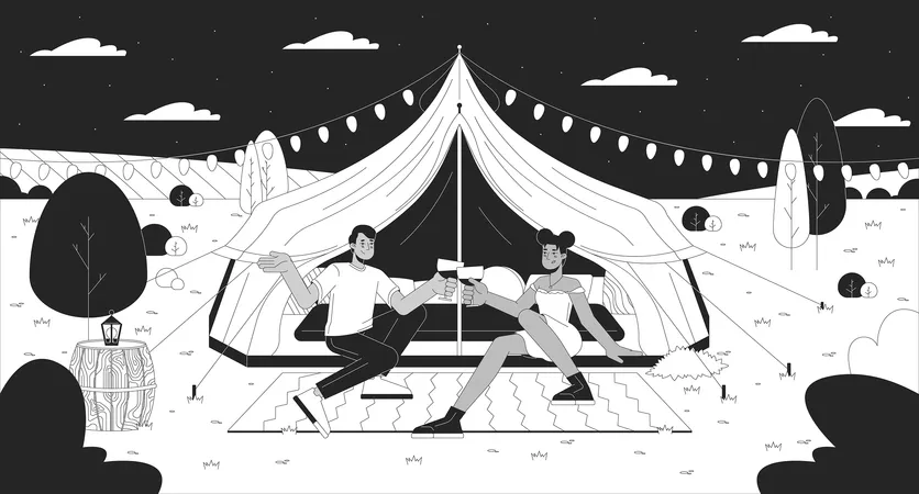 Romantic Glamping People Black And White Line Illustration Luxury Tent Couple Glasses Clinking 2 D Characters Monochrome Background Date Night Outdoors Cheers Wineglasses Outline Scene Vector Image Illustration
