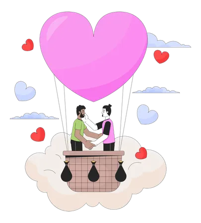 Romantic Hot Air Balloon Ride 2 D Linear Illustration Concept Interracial Gay Couple Cartoon Characters Isolated On White Celebrating Special Day Metaphor Abstract Flat Vector Outline Graphic Illustration