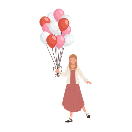 Romantic love theme woman with balloon expressing affection on valentine's day in celebration  Illustration