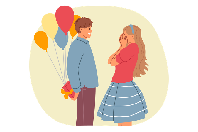 Romantic man makes birthday surprise for girlfriend holding gift box and balloons behind back  Illustration