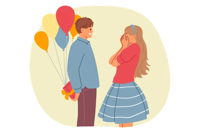 Romantic man makes birthday surprise for girlfriend holding gift box and balloons behind back  Illustration