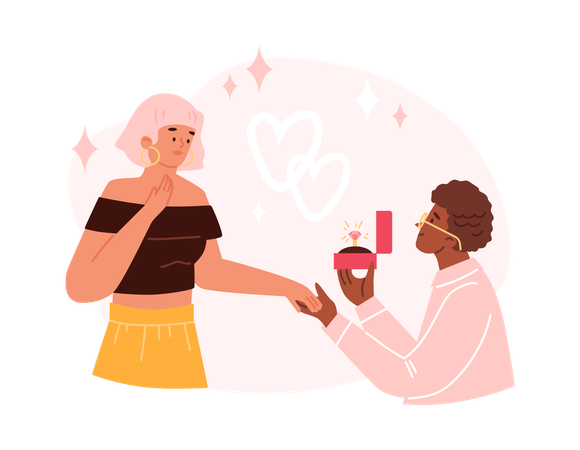 Romantic man stands on knee proposing to beloved woman with engagement ring  Illustration