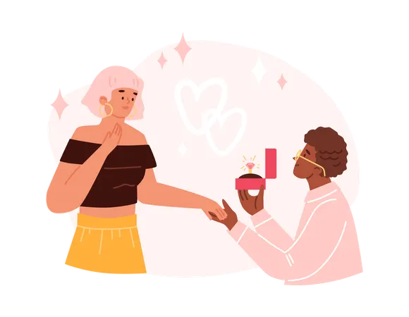 Romantic man stands on knee proposing to beloved woman with engagement ring  Illustration