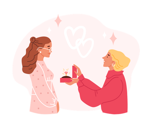 Romantic man stands on knee proposing to beloved woman with engagement ring  Illustration
