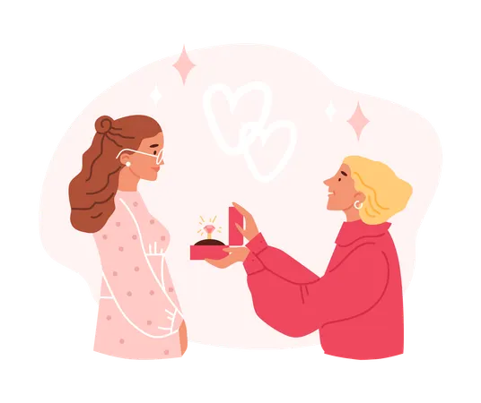 Romantic man stands on knee proposing to beloved woman with engagement ring  Illustration