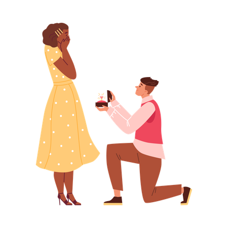 Romantic man stands on knee proposing to woman with jewelry diamond ring  Illustration