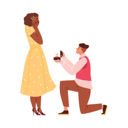 Romantic man stands on knee proposing to woman with jewelry diamond ring  Illustration