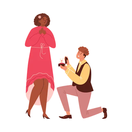 Romantic man stands on knee proposing to woman with jewelry diamond ring  Illustration