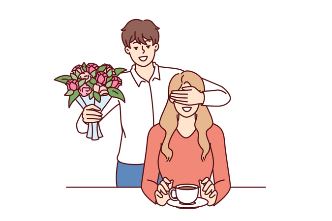 Romantic man with bouquet closes girlfriend eyes  Illustration