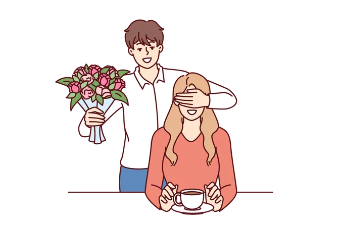 Romantic Man With Bouquet Closes Girlfriend Eyes Wanting To Make Surprise And Give Favorite Flowers Romantic Groom Came On Date With Flowers For Bride Drinking Coffee In Cafe Or Bar Illustration