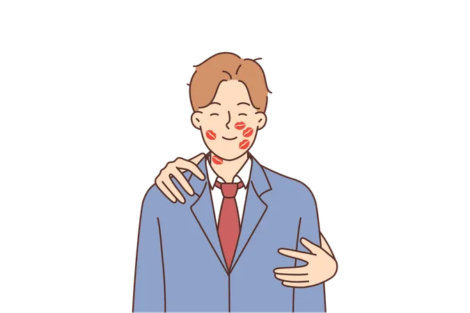 Romantic man with traces of lipstick on face and hands of woman hugging boyfriend from behind  Illustration