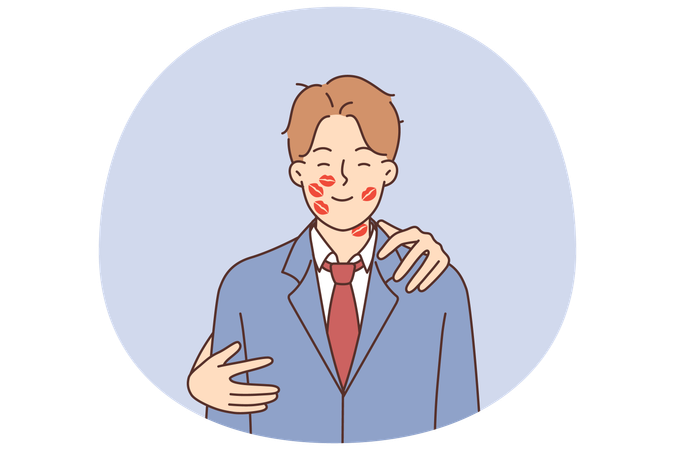 Romantic man with traces of lipstick on face and hands of woman hugging boyfriend from behind  Illustration