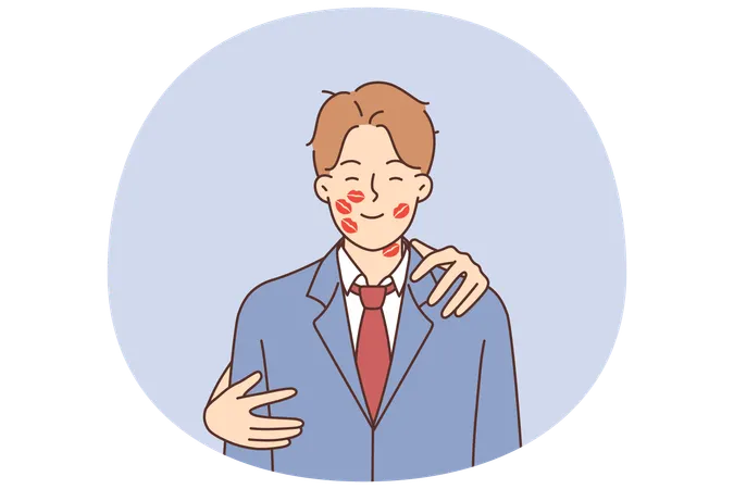 Romantic man with traces of lipstick on face and hands of woman hugging boyfriend from behind  Illustration