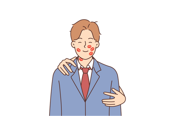 Romantic man with traces of lipstick on face and hands of woman hugging boyfriend from behind  Illustration