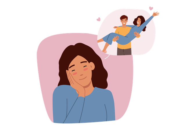Romantic memories of woman imagining boyfriend lifting up in arms during honeymoon  Illustration