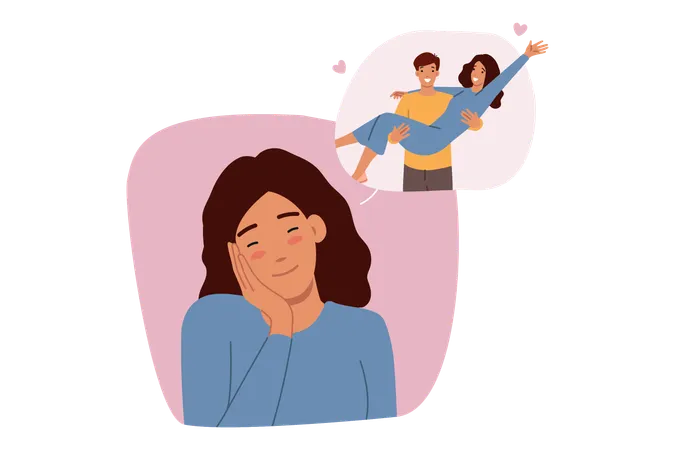 Romantic memories of woman imagining boyfriend lifting up in arms during honeymoon  Illustration
