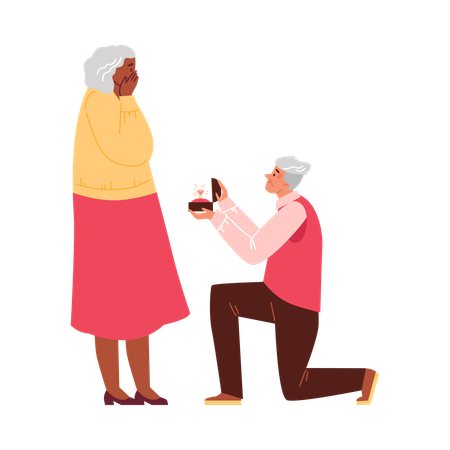 Romantic pensioners man stands on knee proposing to woman with engagement ring  Illustration