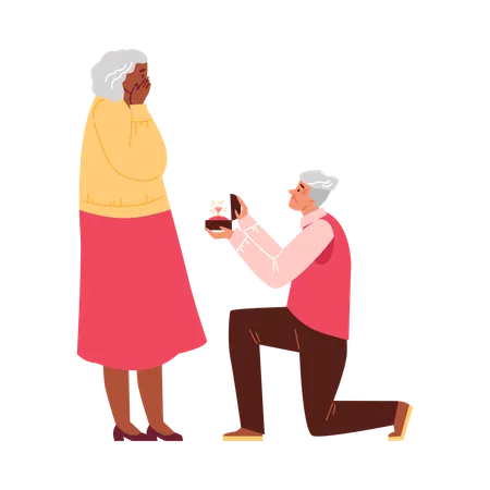 Romantic pensioners man stands on knee proposing to woman with engagement ring  Illustration