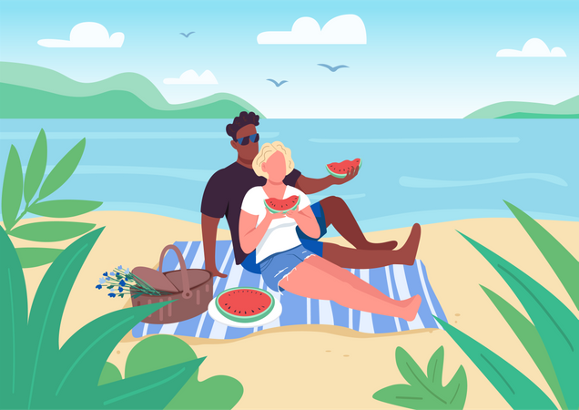 Romantic picnic on beach Illustration