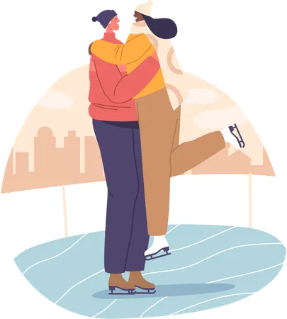 Romantic Scene Unfolds On The Ice Rink As A Couple Characters Glide Gracefully Hand In Hand Hug And Fun Creating A Mesmerizing Winter Dance Of Love And Joy Cartoon People Vector Illustration Illustration