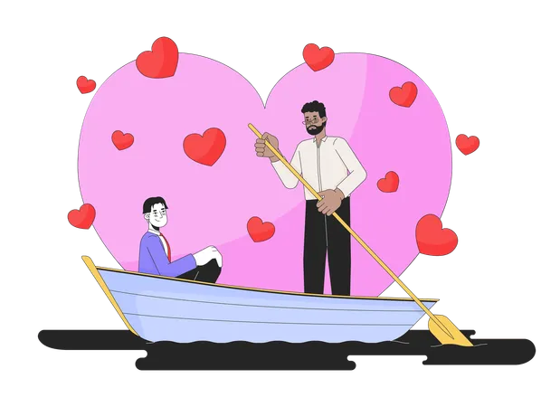 Romantic Valentines Day Boyfriends Lake Boating 2 D Linear Illustration Concept Gay Couple Interracial Cartoon Characters Isolated On White In Love Metaphor Abstract Flat Vector Outline Graphic Illustration