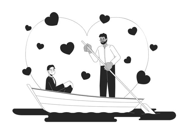 Romantic Valentines Day Boyfriends Lake Boating Black And White 2 D Illustration Concept Gay Couple Interracial Cartoon Outline Characters Isolated On White In Love Metaphor Monochrome Vector Art Illustration