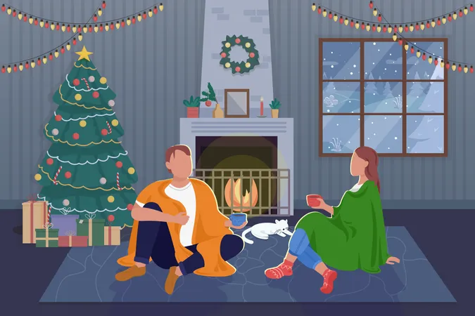 Romantic Winter Evening Flat Color Vector Illustration Celebrating Christmas Together Near Tree With Presents Couple Sitting At Fireplace At Home 2 D Cartoon Characters With Interior On Background Illustration