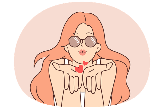 Romantic woman blows kiss and looks at screen to seduce and charm or invite viewer on date  Illustration