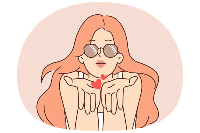 Romantic woman blows kiss and looks at screen to seduce and charm or invite viewer on date  Illustration