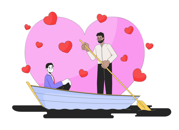 Romántico día de San Valentín novios paseos en bote por el lago  Ilustración