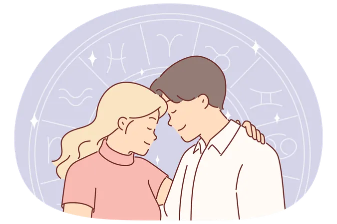 Romantisches Paar und Horoskoprad symbolisieren volle Kompatibilität  Illustration