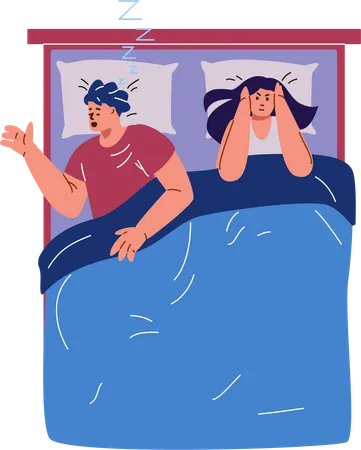 Ronflement avec un homme au lit et une femme inquiète se bouchant les oreilles  Illustration