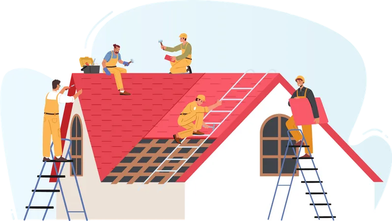Roof Construction Workers Conduct Roofing Works Illustration