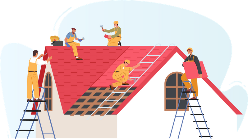 Roof Construction Workers Conduct Roofing Works  Illustration