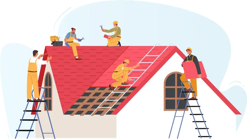 Roof Construction Workers Conduct Roofing Works  Illustration