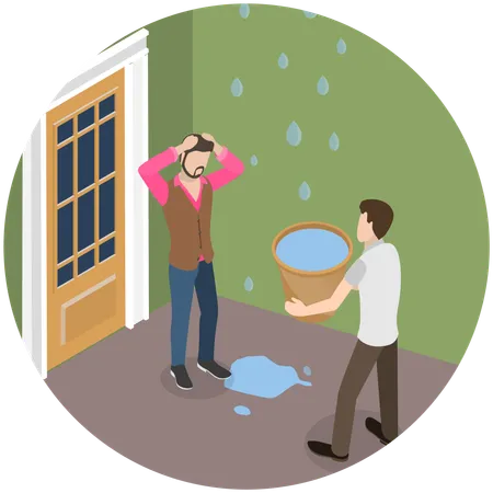 3 D Isometric Flat Vector Conceptual Illustration Of Roof Leak Drops Of Water Are Dripping From Ceiling Into A Bucket Illustration