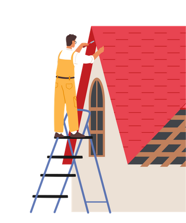 Roofer Man Renovate Residential Building Roof Illustration
