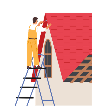 Roofer Man Renovate Residential Building Roof  Illustration