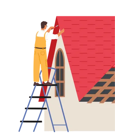 Roofer Man Renovate Residential Building Roof  Illustration