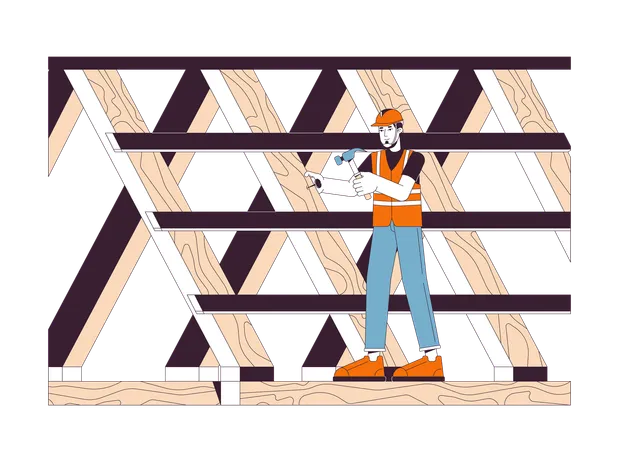 Roofing Construction Site Line Cartoon Flat Illustration Caucasian Male Roof Contractor 2 D Lineart Character Isolated On White Background Construction Man Working On Roof Scene Vector Color Image Illustration