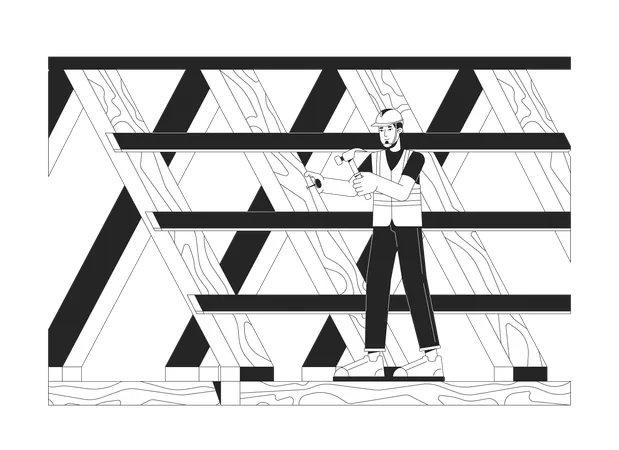 Roofing Construction Site Black And White Cartoon Flat Illustration Caucasian Male Roof Contractor 2 D Lineart Character Isolated Construction Man Working Monochrome Scene Vector Outline Image Illustration