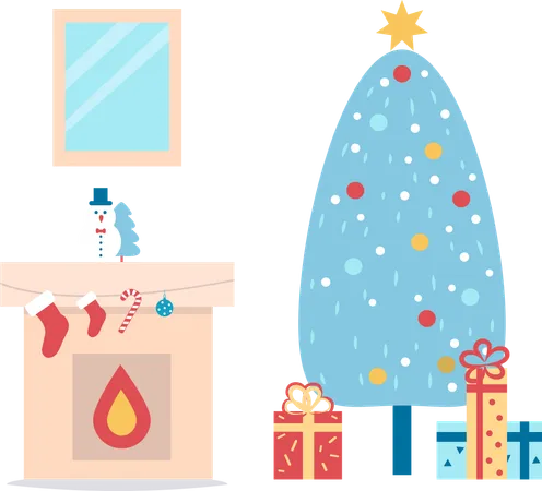 Room Decorated For Christmas With Fireplace And Bright Spruce Vector Illustration With Comfortable Fireplace And Xmas Tree With Colorful Presents イラスト