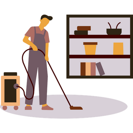 Room service boy cleaning the room with a vacuum cleaner  Illustration