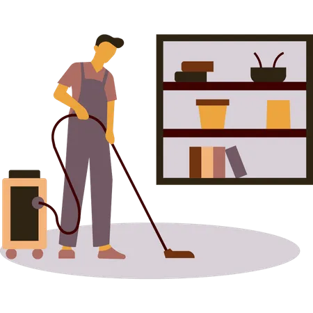 Room service boy cleaning the room with a vacuum cleaner  Illustration