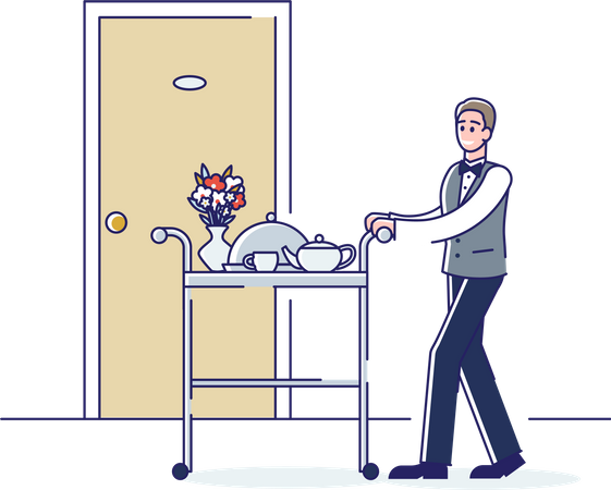 Room service worker carry trolley to visitor room  Illustration