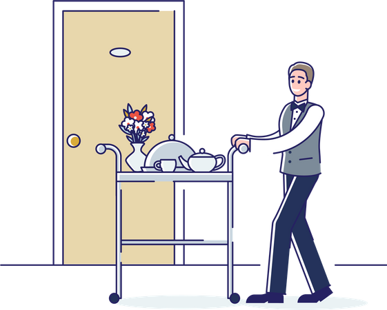 Room service worker carry trolley to visitor room Illustration