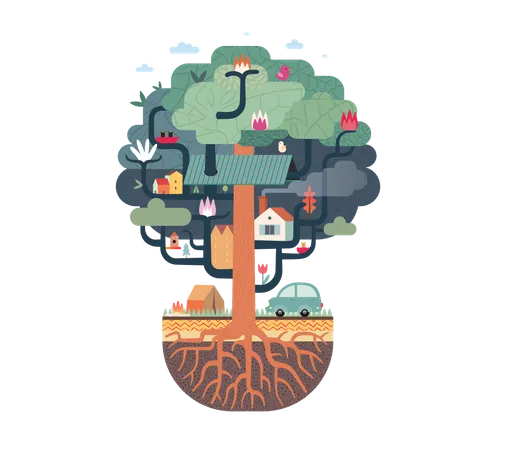Roots holding tree house  Illustration
