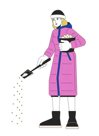 Ropa de abrigo mujer tratando hielo en la acera  Ilustración